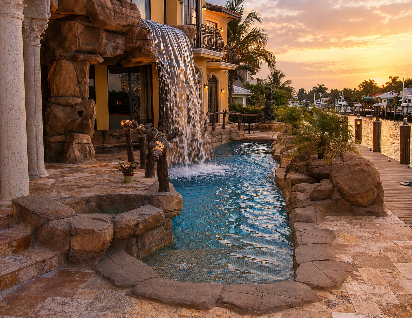 Tall rock waterfall spilling into a mosaic-tiled pool beside a dock at sunset